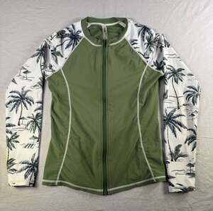 DACI Zip Rash Guard Size S Green Palm Tree Long Sleeve Swim Top
